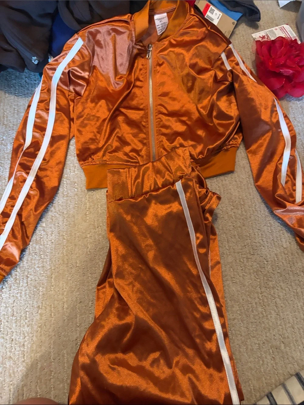 Weissman Shiny Orange Satin Track Set with White Stripes